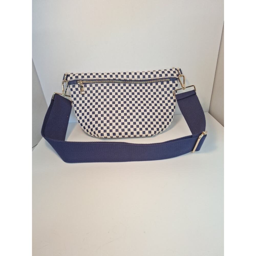 Womens Woven Crossbody Bum Bag with Guitar Strap Style Handle .